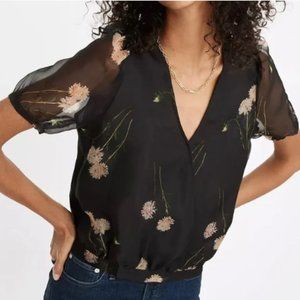 MADEWELL NWT Sanna Silk Wrap Top // Medium Black/Pink Floral Puff Sleeve